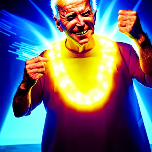 Image similar to uhd candid photo of cosmic joe biden as buu powering up, glowing, global illumination, studio lighting, radiant light, hyperdetailed, correct face, elaborate intricate costume. photo by annie leibowitz