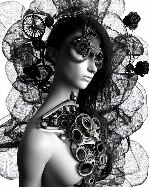 Image similar to black and white dreamy foggy profile face portrait, one steampunk eye biomechanical beautiful young female cyclope - cyborg - robot bust, body ribs meshes,, volumetric light, hibiscus flowers, by hg giger, rim light, by dora maar and cecile beaton, big gothic fashion pearl embroidered collar, 8 k