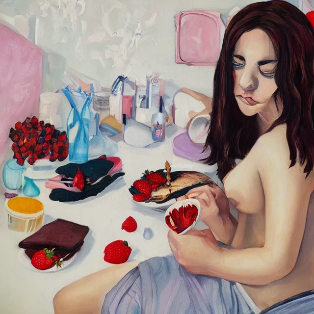 Prompt: a self - portrait in a female artist's bedroom, depressed emo girl eating pancakes, berries, surgical supplies, handmade pottery, flowers, sensual, octopus, neo - expressionism, surrealism, acrylic and spray paint and oilstick on canvas