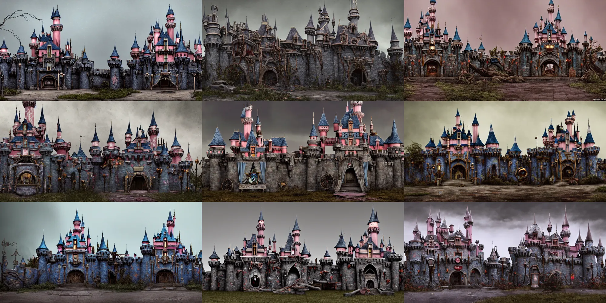 Prompt: front view of the creepy and abandoned disneyland fairytale castle from the disney ´ s logo, decayed and ruined vandalism, abandoned structures, photography, desaturated and muted colors, debris chips ruins, urban exploration, stormy background, by annie leibovitz, cg society, octane render, 8 k, at dusk, evening, no rainbow