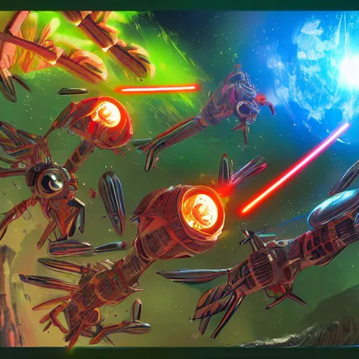 Image similar to laser war between funny creatures on a planet, digital art, award winning 4K