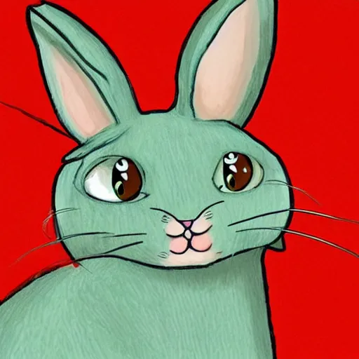 Prompt: a cute mix between a rabbit and a cat, beige, big green eyes, cute, concept art style