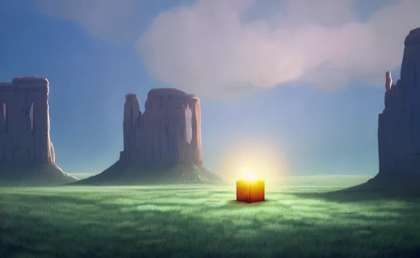 Image similar to hyperrealist painting of a cube inside a giant transparent bubble from howl's moving castle ( 2 0 0 4 ) in a flooded monument valley stonehenge jungle. 1 9 7 0 s science fiction, moody, misty, depth perception, 4 k, artstation, in the style of studio ghibli