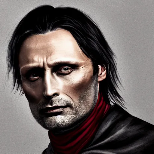 Image similar to mads mikkelsen as a vampire, male, late - 4 0 s aged, shoulder length hair, slicked black hair, red eyes, clean shaven, wearing a cape, regal, royal, grim facial expression, high medieval fantasy, full color digital art, concept art, wide shot.