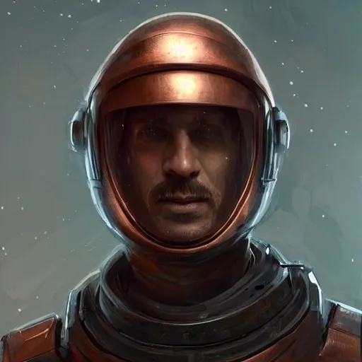 Image similar to Portrait of a man by Greg Rutkowski, he is about 40 years old, copper short hair, his features are a mix between Turkish and Scottish, strong and tall, cool dad vibes, he is wearing a futuristic astronaut suit, highly detailed portrait, digital painting, artstation, concept art, smooth, sharp foccus ilustration, Artstation HQ.