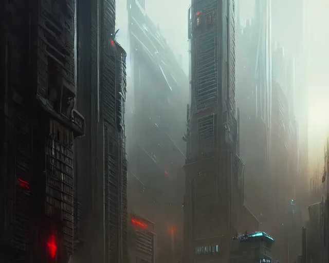 Prompt: great city being watched over by an all-seeing malevolent AI, a sci-fi digital painting by Greg Rutkowski and James Gurney, trending on Artstation, foreboding atmosphere, highly detailed