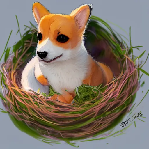 Image similar to concept art of a baby corgi hatching from an egg in a colorful nest, realistic, detailed, cel shaded, in the style of makoto shinkai and greg rutkowski and james gurney