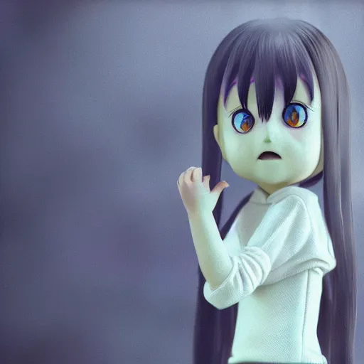 Image similar to Manga cover portrait of an extremely cute and adorable beautiful Samara horror girl from The Ring (2002), 3d render diorama by Hayao Miyazaki, official Studio Ghibli still, color graflex macro photograph, Pixiv, DAZ Studio 3D