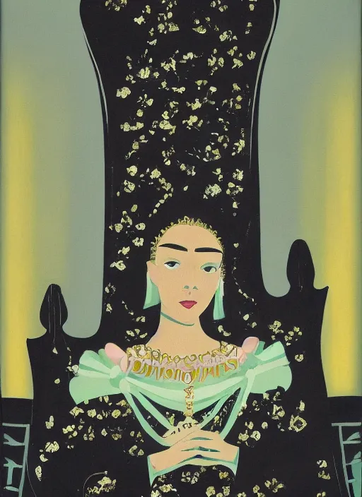 Image similar to an oil painting of a small queen in a black funeral dress sit on a throne, by eyvind earle