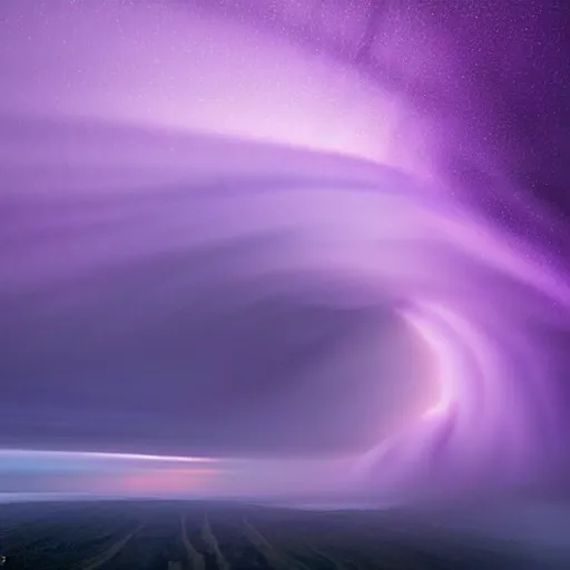 Prompt: amazing photo of a purple clouds in the shape of a tornado by marc adamus, beautiful dramatic lighting