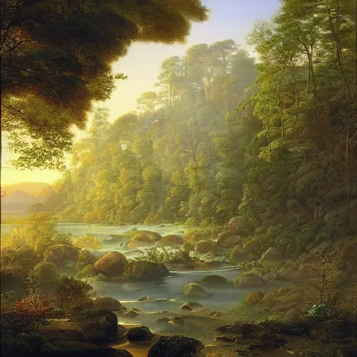 Prompt: a forest oasis, rock pools, harmony of nature, infinite dawn, angelic light, sparkling dew, by asher brown durand, by iyoshitaka amano