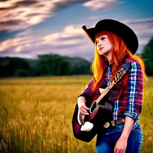 Prompt: a female fluffy humanoid fox animal, wearing cowboy hat, wearing plaid shirt, playing guitar, in a field, barn in background, album cover style