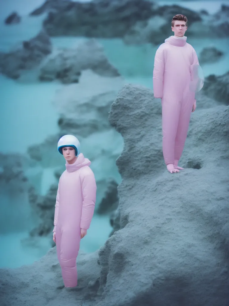 Image similar to high quality pastel coloured film portrait photograph of a beautiful young 2 0 year old male, soft facial features, short hair, perspex space helmet and oversized inflated clothing!! icelandic black rock pool environment. atmospheric three point light. photographic. art directed. ( pastel colours ). volumetric. clearcoat. waves. 8 k. filmic.