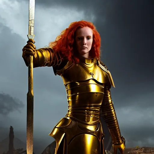 Image similar to a tall, red - haired female knight wearing golden armor and a right golden prosthetic arm, longer than her left arm. she wields a long golden blade