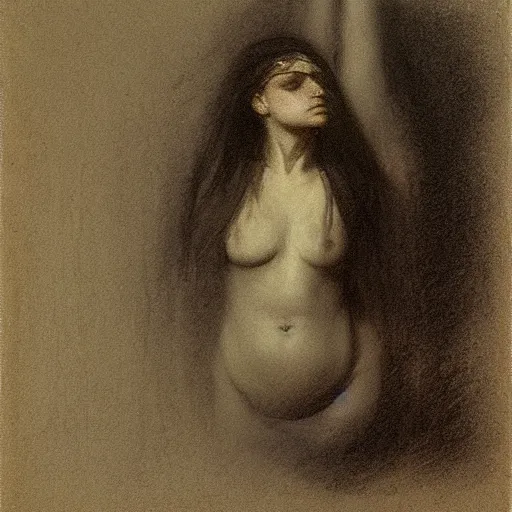 Prompt: white chalk study of a womans portarit by arnold bocklin