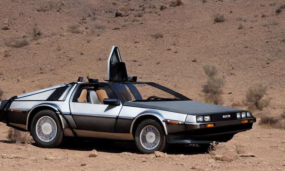 Image similar to photo of a delorean standing in the desert