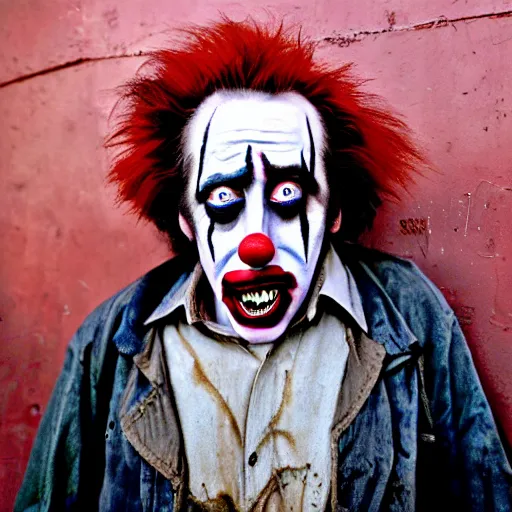 Prompt: uhd candid photo of dirty, homeless nicholas cage wearing bizarre clown makeup, ranting maniacally in the street. skid row. correct face, accurate face, exaggerated features, intricate details, intricate clown makeup, hyperdetailed, accurate face. photorealistic. photo by annie leibowitz