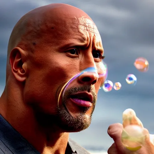 Prompt: an award winning photo of Dwayne Johnson blowing soap bubbles
