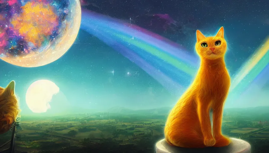 Image similar to shiny rainbow cat looking at the stars, sitting on rooftop, gold moon, hyperdetailed, artstation, cgsociety, 8 k