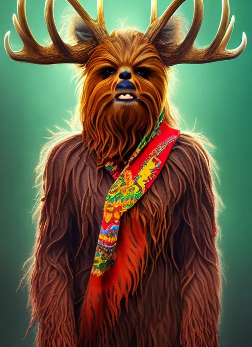 Image similar to symmetry! portrait of antlered chewbacca deer wearing a colorful scarf!, flowers, intricate, elegant, highly detailed, digital painting, artstation, concept art, smooth, sharp focus, illustration, art by artgerm and greg rutkowski and alphonse mucha, 8 k