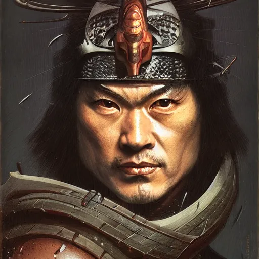 Image similar to head and shoulders portrait of a samurai, d & d, fantasy, greg rutkowski, frank frazetta, alexandre chaudret, boris vallejo, michael whelan, miro petrov, hr giger, magali villeneuve, donato giancola