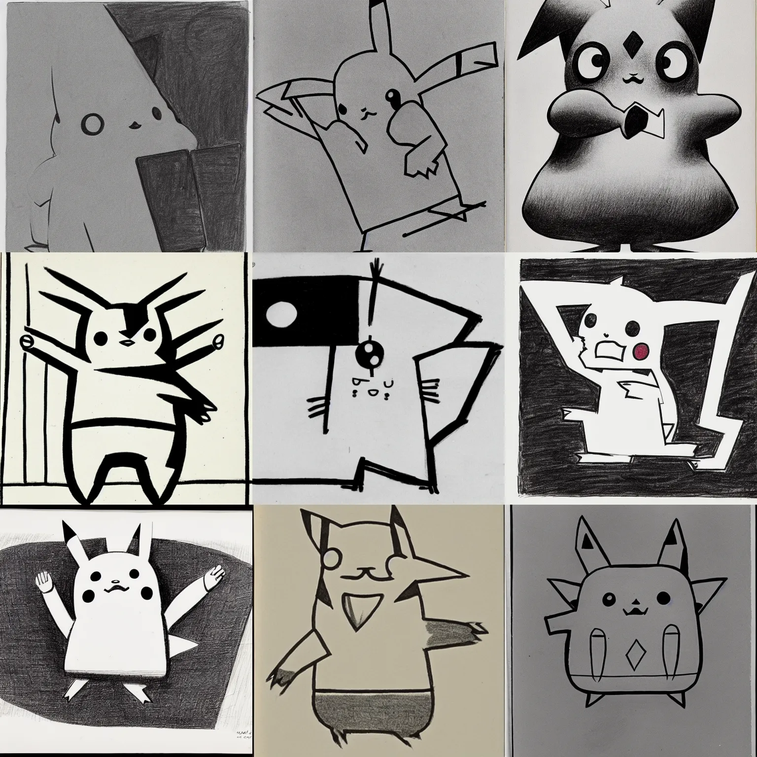 Prompt: saul steinberg drawing of pikachu, 1 9 6 4 moma catalog