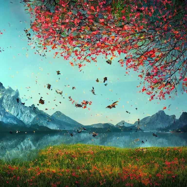 Image similar to a beautiful awesome artistic tree with falling flowers like leaves and many birds, all in the amazing outdoors view, mountain in the background, lake, long exposure, 8 k resolution, trending on artstation