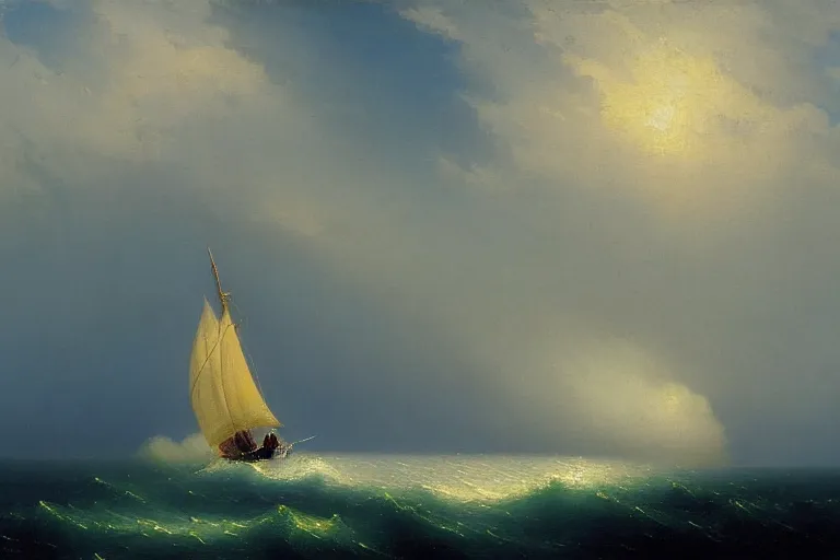 Image similar to a painting of a sailboat in the ocean by ivan aivazovsky, deviantart, american scene painting, matte painting, oil on canvas, deviantart