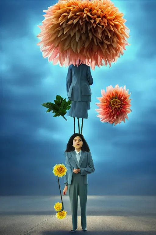 Image similar to closeup giant dahlia flower head, girl in a suit on a street, surreal photography, blue sky, sunrise, dramatic light, impressionist painting, digital painting, artstation, simon stalenhag