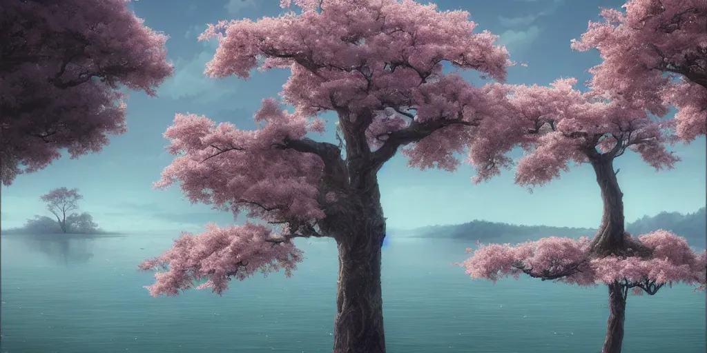 Image similar to vanishing point a single sakura tree upon a lake, viewed from afar, stephen bliss, mist, unreal engine, fantasy art by greg rutkowski, loish, rhads, ferdinand knab, makoto shinkai and lois van baarle, ilya kuvshinov, rossdraws, tom bagshaw, global illumination, radiant light, minimalist, detailed and intricate environment