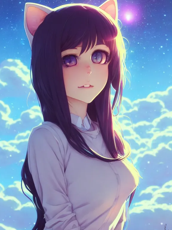 Prompt: full body picture of a cat ear girl on the moon, bored, beautiful and aesthetic, intricate, unreal engine, neat hair, highly detailed, detailed face, smooth, sharp focus, chiaroscuro, manga illustration, artgerm, greg rutkowski, ilya kuvshinov, rossdraws, alphonse mucha, young adult light novel cover art