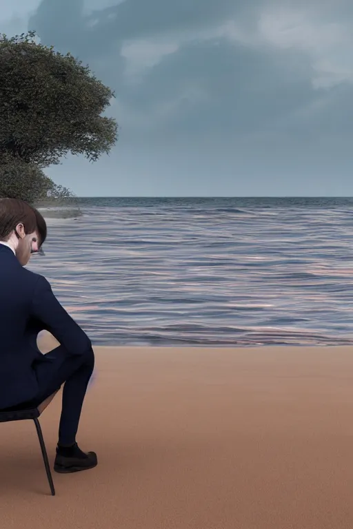Prompt: Emmanuel Macron sitting on the beach looking to the sea at sunrise, concept art, octane render, unreal engine 5, trending on Artstation, high quality, highly detailed, 8K, soft lighting, godrays, path tracing, serene landscape, turbulent sea, high coherence, anatomically correct, hyperrealistic, sand, beautiful landscape, cinematic, rain in the sky