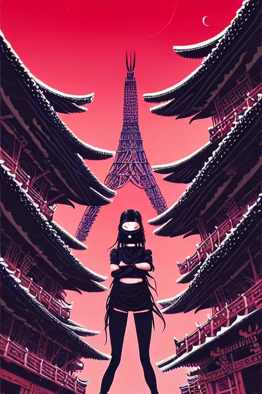 Image similar to highly detailed portrait of long ponytail black hair ninja mask female, stray wiring by atey ghailan, james gilleard, by joe fenton, by greg rutkowski, by greg tocchini, by kaethe butcher, 4 k resolution, gradient red, magenta, black and white color scheme!!! ( ( snowy ancient japan village and tokyo tower background ) )