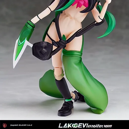 Image similar to league of legends akali as a Figma doll. Posable anime figurine. Kamas-wielding, green facemask, green outfit. Ninja sickle. PVC figure 12in.