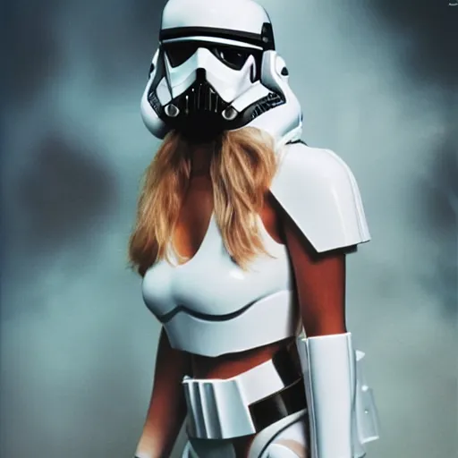 Prompt: female supermodel with stormtrooper helmet and white bikini, style of 8 0 s movie poster