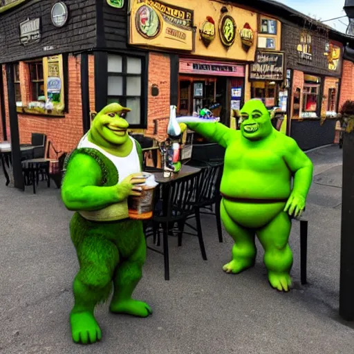 Prompt: Shrek having a pint with the lads at the local pub