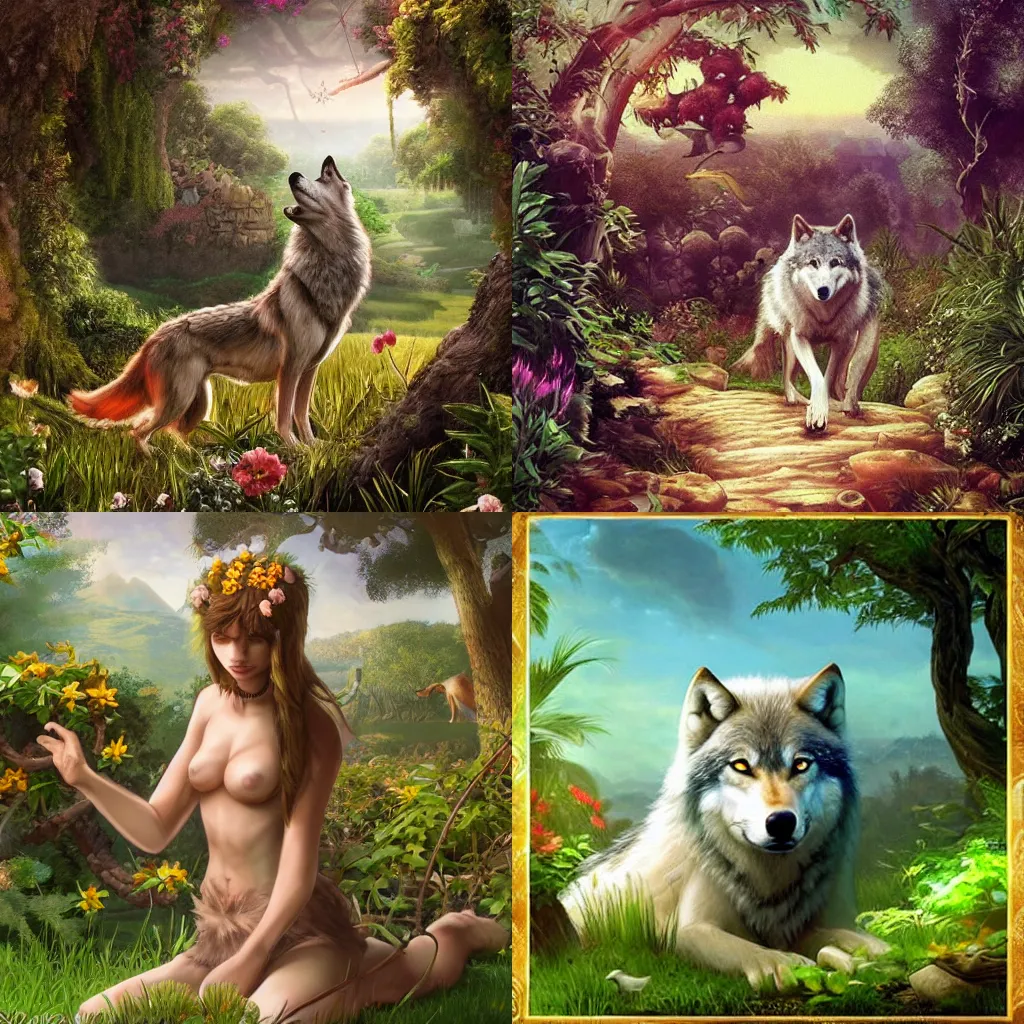Prompt: Wolf in the Garden of Eden, beautiful, serene, trending on artstation