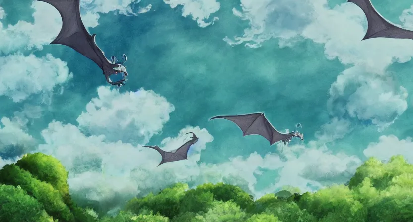 Prompt: ghibli style wallpaper, dragons flying in the sky, green pastures, pastel colors, faded, water color, painting
