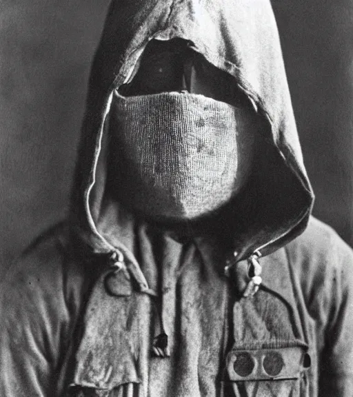 Prompt: a man distance wearing hooded mask covering his entire face, ww1 film photo, full body portrait at distance, grainy, high detail, high resolution