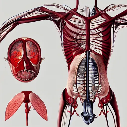 Image similar to Minimalist interpretation of a dissected human, organs in exploded view, realistic anatomy, textbook