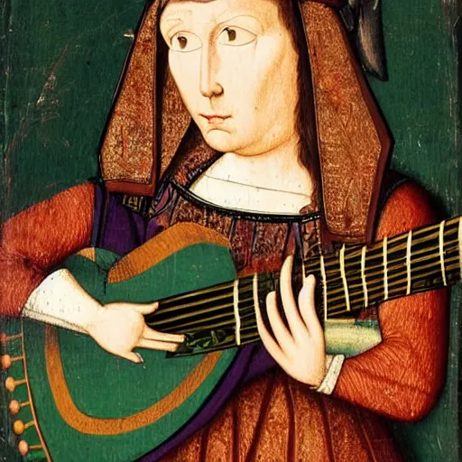 Image similar to medieval portrait of a cat playing lute, colorful