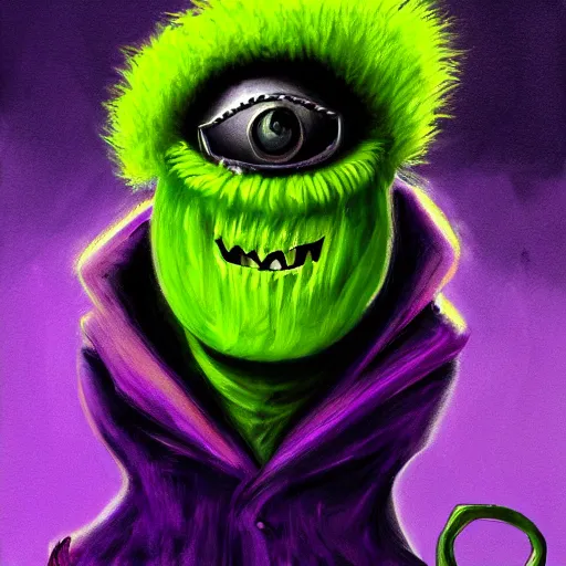 Image similar to a green tennis ball monster in a purple pimp coat, black and gold, digital art, fantasy, magic, chalk, trending on artstation, ultra detailed, professional illustration by basil gogos