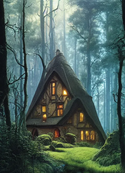 Image similar to hyper realistic witch cottage with mood lighting and technology in the woods gorgeous lighting, sunbeams blue sky, highly detailed, lush forest foliage painting by zdzisław beksinski and norman rockwell and greg rutkowski weta studio, and lucasfilm