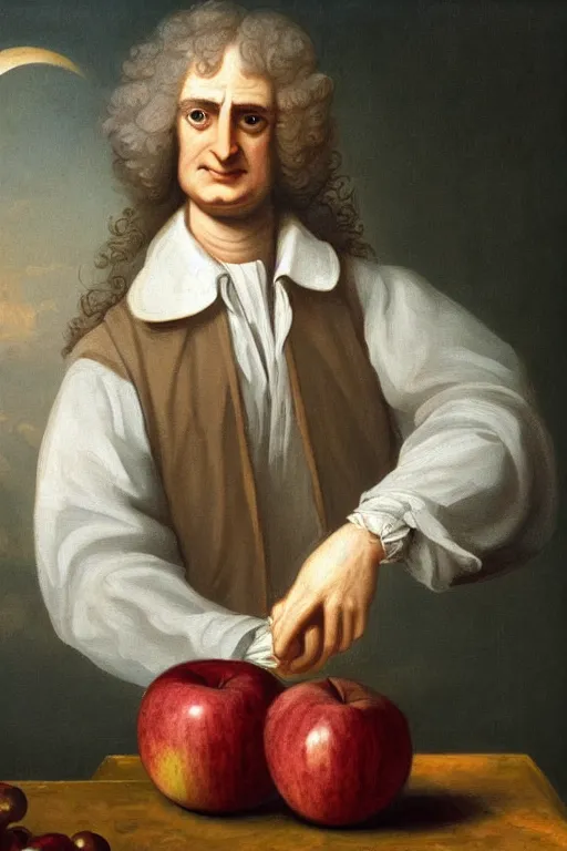 Prompt: Isaac Newton, the apple and the moon, oil on canvas, intricate, 8k highly professionally detailed, HDR, CGsociety