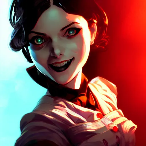 Image similar to Elizabeth from Bioshock, smiling sweetly, dramatic lighting, illustration by Rossdraws, yoji shinkawa, 4k, digital art, concept art, trending on artstation