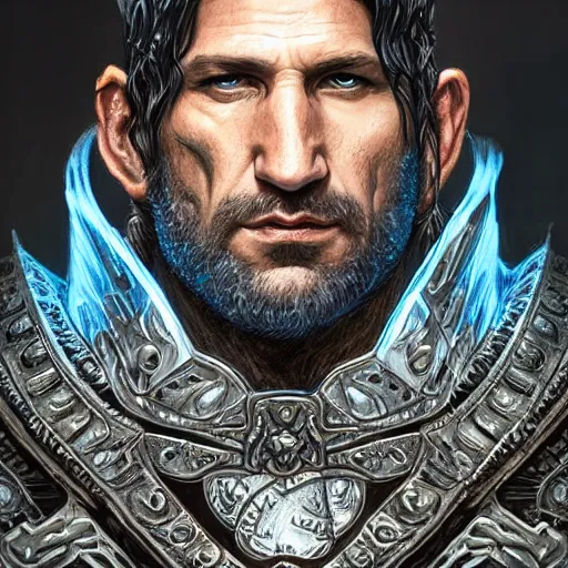 Image similar to [Jon Bernthal as the Lich King, closeup, D&D, intricate, elegant, highly detailed, digital painting, artstation, concept art, matte, sharp focus, illustration, art by Artgerm and Greg Rutkowski and Alphonse Mucha and Enki Bilal]