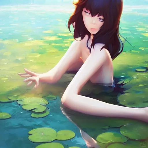 Prompt: fantasy woman girl kneeling in a pond miss attractive eye catching official fanart behance hd artstation by Rossdraws and Jesper Ejsing, by Makoto Shinkai and Lois van baarle, ilya kuvshinov, mystic, dreaming