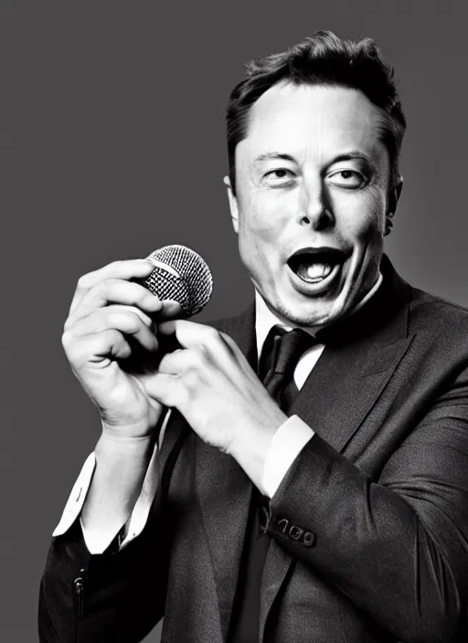 Image similar to Portrait of Elon musk wearing a suit, screaming into an old microphone . Black and white, high contrast