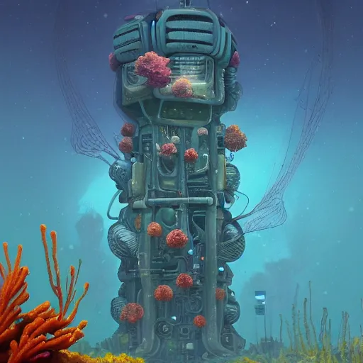 Prompt: beautiful painting of underwater corals as broadcast towers and flowers in white alien monuments in the style of Simon Stålenhag and H. R. Giger, detailed, trending on Artstation