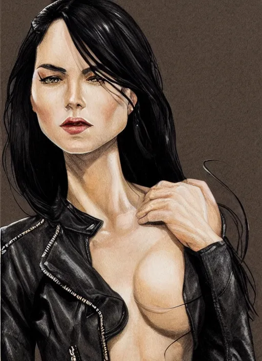 Image similar to a black haired woman in a leather jacket, muscular upper body, abs, d & d, fantasy, intricate, elegant, highly detailed, digital painting, artstation, concept art, smooth, sharp focus, illustration, art by martine johanna